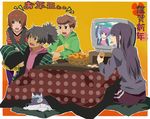  bad_id bad_pixiv_id black_hair brown_hair contemporary cushion dog eating fang food fruit green_eyes karol_capel kotatsu long_hair male_focus mandarin_orange multiple_boys new_year ponytail raven_(tales) repede rita_mordio sasayama_panda sleeping sophie_(tales) sweatdrop table tales_of_(series) tales_of_graces tales_of_vesperia television yuri_lowell zabuton 