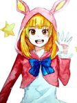  akb0048 animal_ears blonde_hair blush bunny_ears hood hoodie jikasei ribbon shinonome_sonata smile solo traditional_media watercolor_(medium) 