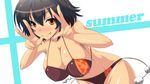  :p bikini breasts brown_hair covered_nipples double_v ky. large_breasts looking_at_viewer orange_eyes shameimaru_aya short_hair smile solo swimsuit tongue tongue_out touhou v 