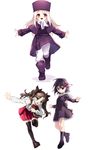  black_legwear blue_eyes boots brown_hair child dress empty_eyes fate/zero fate_(series) hair_ribbon hat highres illyasviel_von_einzbern long_hair matou_sakura multiple_girls pants purple_eyes purple_footwear purple_hair purple_hat red_eyes ribbon scr.e short_hair thighhighs toosaka_rin twintails white_hair younger zettai_ryouiki 