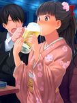  1girl alcohol amagami ayatsuji_tsukasa beer black_hair blue_eyes blush drinking faceless faceless_male flower glass hair_flower hair_ornament highres holding japanese_clothes kimono long_hair open_mouth ponytail santa_(sunflower) tachibana_jun'ichi tears 