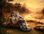  2010 avoid_posting canine couple embrace evening forest fox male nature nimrais nude river sitting smile tree wink wolf wood 