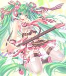  ahoge bass_guitar belt green_eyes green_hair hair_ribbon hatsune_miku headset highres instrument kneeling long_hair looking_at_viewer maple midriff necktie outstretched_arms ribbon skirt solo spread_arms thighhighs twintails very_long_hair vocaloid 