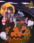  animal_ears arm_support bad_id bad_pixiv_id black_hair candy claws closed_eyes cloud crescent_moon demon_boy demon_horns fang food ghost halloween highres horns jack-o'-lantern leaf long_hair male_focus moon multiple_boys necktie night night_sky open_mouth polearm raven_(tales) sasayama_panda shirt sitting sky suspenders tales_of_(series) tales_of_vesperia tears trident weapon werewolf yuri_lowell 