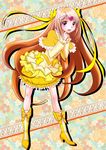  boots bow brown_hair bubble_skirt capelet choker cure_muse_(yellow) heart knee_boots long_hair lovelabo pink_eyes precure shirabe_ako skirt solo suite_precure tiara yellow_bow yellow_choker 