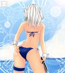  adjusting_clothes adjusting_swimsuit ass bikini braid butt_crack cloud day from_behind gears highres izayoi_sakuya knife ngirln4 ocean ribbon short_hair side_braid single_braid sky solo swimsuit touhou weapon white_hair wrist_cuffs 