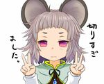  animal_ears bangs blunt_bangs blush double_v forehead grey_hair hikimayu ishikkoro jewelry mouse_ears nazrin necklace red_eyes short_hair solo touhou translated v 