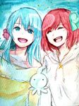  akb0048 aqua_hair jikasei kirara_(akb0048) long_hair motomiya_nagisa multiple_girls open_mouth red_hair ribbon short_hair smile sono_chieri traditional_media watercolor_(medium) 