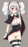  1girl artist_request blush breasts gap427 gloves grey_background idolmaster idolmaster_cinderella_girls kanzaki_ranko legwear long_hair nipples no_panties pubic_hair pussy red_eyes silver_hair solo striped striped_legwear white_gloves 