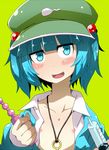  anal_beads blue_eyes blue_hair blush collagen flat_chest hair_bobbles hair_ornament hat jewelry kawashiro_nitori key necklace nipples open_clothes open_mouth open_shirt shirt short_hair smile solo syringe touhou two_side_up 
