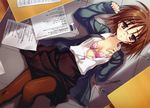  bra brown_hair dengeki_moeoh glasses muririn open_shirt original pantyhose short_hair underwear 