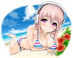  barefoot beach bikini blush breasts butt_crack cloud day flower headphones hibiscus jewelry kotengu large_breasts long_hair looking_at_viewer lying necklace nitroplus ocean outdoors pink_eyes pink_hair shiny shiny_skin side-tie_bikini skindentation sky smile solo strap_gap striped striped_bikini summer super_sonico swimsuit tears uchiwa_design 