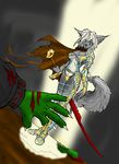  akita akita_(artist) blood breasts canine dog ear_piercing female fluffy_tail fur grey_fur mammal piercing sword unconvincing_armor weapon 