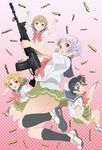  aqua_eyes assault_rifle black_hair blonde_hair blue_eyes bow brown_hair bun_cover fn_fnc fnc_(upotte!!) gun hair_bun hair_ornament halftone halftone_background holding holding_gun holding_weapon kneehighs l85a1_(upotte!!) looking_at_viewer m16a4_(upotte!!) multiple_girls official_art open_mouth red_eyes rifle school_uniform serafuku sg550_(upotte!!) shell_casing shoes short_hair silver_hair skirt smile sneakers takami_akio trigger_discipline upotte!! weapon 