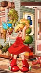  armpits arremora bad_id bad_pixiv_id bare_shoulders beat_(rockman) bird blonde_hair blue_eyes boots broom dog dress hair_ribbon highres knee_boots open_mouth ponytail red_dress ribbon rockman rockman_(classic) roll rush_(rockman) 