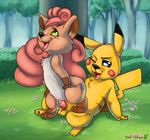  balls canine clitoris cum cum_in_pussy cum_inside duo female feral fox from_behind interspecies lying male mammal multiple_tails nintendo on_back one_eye_closed open_mouth outside penetration penis pikachu pok&#233;mon pok&eacute;mon pussy sex straight tongue vaginal vaginal_penetration video_games vulpix yaoifairy 
