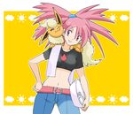  :3 animal animal_on_shoulder asuna_(pokemon) bangs bar_soap belt big_hair border bottle breasts carrying cheek_press cloud crop_top denim flareon gen_1_pokemon gym_leader hair_between_eyes hand_on_hip high_ponytail jeans leaning light_smile medium_breasts midriff navel one_eye_closed orange_background pants parted_bangs pink_eyes pink_hair pokemon pokemon_(creature) pokemon_(game) pokemon_rse ponytail scrunchie short_sleeves shoulder_carry sisibou smile soap spiked_hair standing sun towel washbowl wide_hips yellow_background 