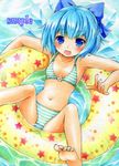  bikini blue_eyes blue_hair blush child cirno fang feet funnyfunny hair_ribbon ice ice_wings innertube nail_polish navel ribbon short_hair solo striped swimsuit toenail_polish touhou wings 