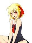  :o blonde_hair bow collarbone eyelashes hair_bow hair_ribbon highres looking_at_viewer necktie open_mouth red_eyes red_neckwear ribbon rumia s-ghost short_hair simple_background sitting sleeveless solo touhou white_background 