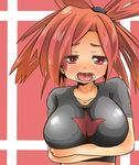  ahegao asuna_(pokemon) bad_id bad_pixiv_id blush breast_hold breasts dyson_(edaokunnsaikouya) impossible_clothes impossible_shirt large_breasts open_mouth pink_eyes pink_hair pokemon pokemon_(game) pokemon_rse ponytail saliva scrunchie shirt solo taut_clothes taut_shirt 