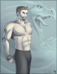  blue_eyes blue_theme brown_hair dragon facial_hair goatee hair human looking_at_viewer male mammal muscles pecs pose solo topless ulario ulariogryphon 