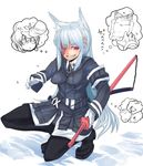  animal_ears bad_id bad_pixiv_id drooling extra_ears gloves grin hair_ornament hairclip heizen_(sigama) kneeling knife long_hair multiple_girls original pantyhose petting reaching ready_to_draw red_eyes scar shirt_lift short_hair sigama smile sword thought_bubble uniform weapon white_hair wolf_ears 