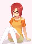  bespectacled blush casual glasses hair_down highres hino_akane_(smile_precure!) long_hair looking_at_viewer orange_shirt precure red-framed_eyewear red_eyes red_hair shirt short_hair shorts smile_precure! solo thighhighs unpale white_legwear 