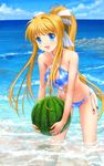  :d air beach bikini blonde_hair blue_eyes blush breasts cleavage collarbone criss-cross_halter food front-tie_top fruit hair_ribbon halter_top halterneck highres holding kamio_misuzu leaning_forward long_hair medium_breasts mutsuki_(moonknives) ocean open_mouth outdoors ponytail ribbon shiny shiny_skin smile solo swimsuit very_long_hair wading water watermelon wet 