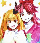  akb0048 blonde_hair hat jikasei multiple_girls red_hair ribbon shinonome_kanata shinonome_sonata siblings sisters smile star traditional_media watercolor_(medium) 