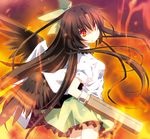 arm_cannon bird_wings bow brown_hair cape hair_bow hime_takeo long_hair looking_back puffy_sleeves red_eyes reiuji_utsuho short_sleeves solo touhou very_long_hair weapon wings 