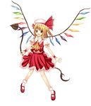  ascot blonde_hair blush crystal fang flandre_scarlet frills hat hat_ribbon laevatein open_mouth puffy_sleeves red_eyes ribbon short_hair short_sleeves solo tomo_(uguisu-tei) touhou weapon white_background wings wrist_cuffs 