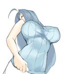  ahoge blue_eyes blue_hair breasts covered_nipples eu03 from_below idolmaster idolmaster_(classic) impossible_clothes impossible_shirt large_breasts long_hair miura_azusa ribbed_sweater shirt sleeveless sleeveless_turtleneck solo sweater taut_clothes taut_shirt turtleneck turtleneck_sweater 