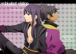  back-to-back bad_id bad_pixiv_id black_eyes black_hair green_eyes highres long_hair male_focus multiple_boys ponytail raven_(tales) sasayama_panda sidelocks tales_of_(series) tales_of_vesperia yuri_lowell 