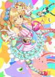  ;3 blonde_hair bracelet brown_eyes brown_hair dress futaba_anzu hair_ornament hairclip hat highres idolmaster idolmaster_cinderella_girls jewelry long_hair moroboshi_kirari multicolored multicolored_clothes multicolored_legwear multicolored_stripes multiple_girls necklace shibuya_susano star star_hair_ornament striped striped_legwear stuffed_animal stuffed_bunny stuffed_toy thighhighs twintails 