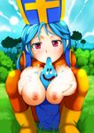  between_breasts blue_hair bodysuit boots breast_squeeze breasts day dragon_quest dragon_quest_iii highres huge_breasts long_hair mitre nipples orange_bodysuit outdoors priest_(dq3) red_eyes sexually_suggestive slime slime_(dragon_quest) solo soramame_(39link) squatting sucking tabard torn_clothes 