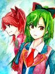  akb0048 brown_eyes green_hair jikasei long_hair multiple_girls necktie ponytail red_hair shinonome_kanata smile takahashi_minami_(akb0048) traditional_media watercolor_(medium) 