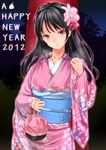  2012 amasora_taichi black_hair blush breasts flower hair_flower hair_ornament holding japanese_clothes kimono large_breasts long_hair looking_at_viewer new_year night night_sky original red_eyes sky solo star_(sky) upper_body 