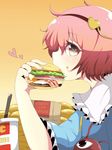  drink eating food hairband hamburger heart heart-shaped_pupils highres komeiji_satori long_sleeves pink_eyes pink_hair profile short_hair solo symbol-shaped_pupils third_eye touhou tsukigi 