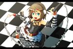  belt brown_hair chain checkered checkered_floor choker cuffs detached_sleeves fingerless_gloves garter_straps gloves green_eyes handcuffs headphones idolmaster idolmaster_cinderella_girls letterboxed microphone open_mouth punk short_hair solo tada_riina thighhighs yuki_ahiru 