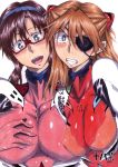  2girls angry blue_eyes blush bodysuit breast_grab breast_press breasts cover cover_page doujin_cover duo eyepatch female glasses grabbing large_breasts long_hair looking_at_viewer makinami_mari_illustrious medium_breasts multiple_girls neckwrecker neon_genesis_evangelion orange_hair plugsuit rebuild_of_evangelion scan shiny simple_background smile soryu_asuka_langley twintails 