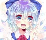  ahoge bad_id bad_pixiv_id blue_eyes blue_hair blush bow cirno ginzuki_ringo hair_bow ice ice_wings open_mouth short_hair solo star touhou v wings 