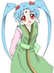  arms_behind_back blue_hair edasan facial_mark hair_ornament long_sleeves masaki_sasami_jurai obi open_mouth red_eyes robe sash simple_background sleeveless solo standing tenchi_muyou! twintails white_background 