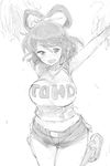  :d bare_legs blush breasts cheerleader clothes_writing contemporary greyscale hair_ornament hair_rings hair_stick highres jumping kaku_seiga large_breasts looking_at_viewer midriff monochrome navel open_mouth pom_poms sape_(saperon_black) shirt shoes short_shorts shorts simple_background sketch sleeveless smile solo sweat touhou white_background 