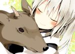  animal blush closed_eyes deer grey_hair hug japanese_clothes long_hair mononobe_no_futo ponytail rin_(royal) smile solo touhou 