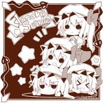  &gt;:) &gt;_&lt; :&gt; anger_vein bad_id bad_pixiv_id bow character_name chibi clone closed_eyes flandre_scarlet four_of_a_kind_(touhou) hat hat_bow monochrome ominaeshi_(takenoko) open_mouth short_hair side_ponytail smile star touhou v-shaped_eyebrows 