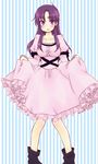  blush dress gothic_lolita kacchi_(katthi) lolita_fashion long_hair mirai_nikki purple_eyes purple_hair simple_background solo striped striped_background uryuu_minene 
