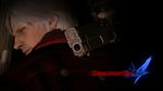  3d copyright_name dante_(devil_may_cry) devil_may_cry devil_may_cry_4 gloves gun handgun logo looking_back male_focus non-web_source official_art pistol solo trench_coat tsuchibayashi_makoto wallpaper weapon white_hair yoshikawa_tatsuya 