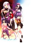  ass bikini blue_eyes brown_hair child dark_persona dark_sakura dress dual_persona empty_eyes fate/hollow_ataraxia fate/stay_night fate/zero fate_(series) hair_ribbon homurahara_academy_uniform long_hair matou_sakura multiple_girls multiple_persona one_eye_closed purple_eyes purple_hair red_eyes ribbon school_uniform scr.e short_hair short_twintails side-tie_bikini swimsuit teenage twintails white_hair younger 