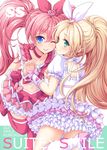  ;p blonde_hair blue_eyes boots bow braid choker cure_melody cure_rhythm earrings frills green_eyes hair_bow heart holding_hands houjou_hibiki jewelry long_hair magical_girl midriff minamino_kanade multiple_girls navel one_eye_closed pink_bow pink_choker pink_hair pink_legwear precure skirt smile suite_precure thighhighs tokunou_shoutarou tongue tongue_out twintails white_choker 