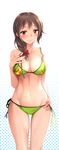  bad_id bad_pixiv_id bikini blush bow braid breasts brown_eyes brown_hair green_bikini groin hair_bow halftone halftone_background hand_on_hip highres idolmaster idolmaster_cinderella_girls large_breasts long_hair looking_at_viewer navel senkawa_chihiro shiny shiny_skin side-tie_bikini smile solo swimsuit thigh_gap untied yuki_usagi_(mofurafu) 